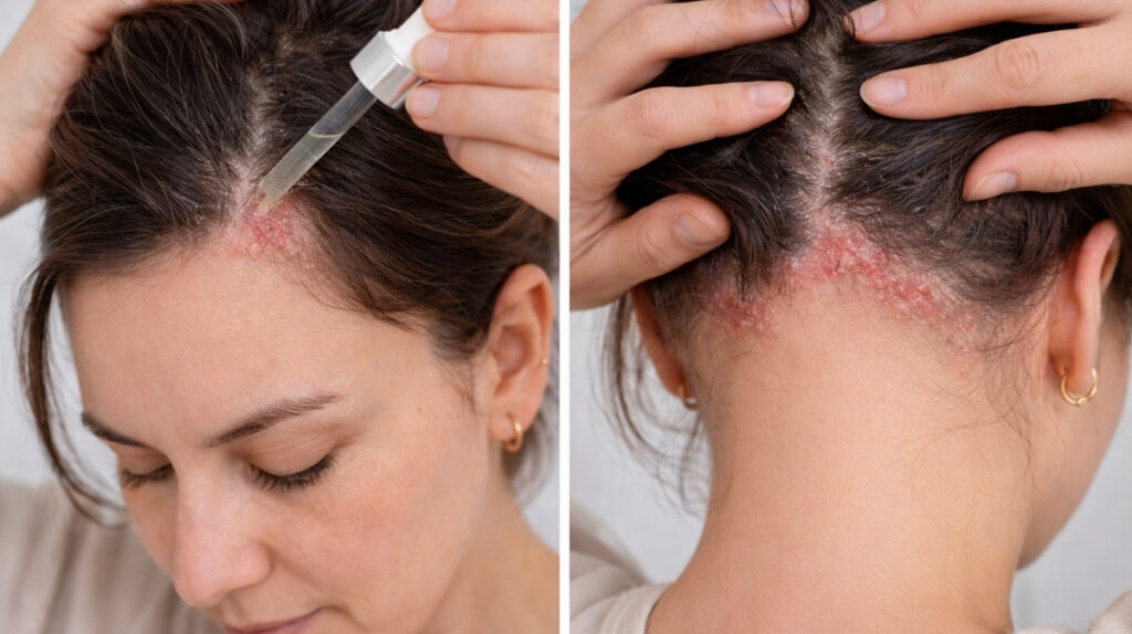 Kopfhaut mit Schuppenflechte mit Haarserum behandeln